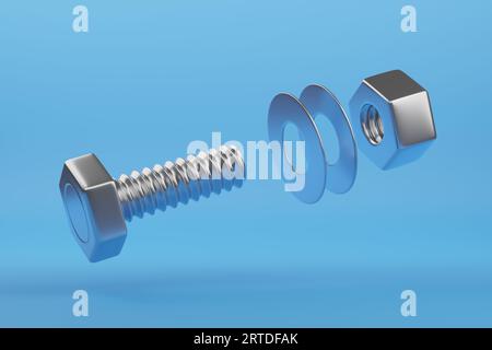 Bullone con dado e rondelle isolate su sfondo blu. illustrazione 3d. Foto Stock