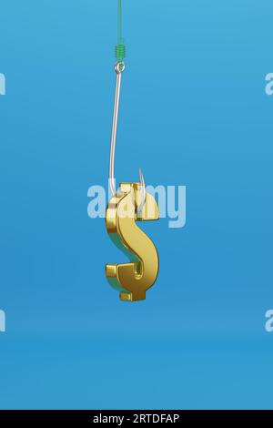 Fishhook con simbolo del dollaro isolato su sfondo blu. illustrazione 3d. Foto Stock