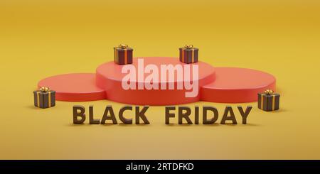 Podio rosso con testo del Black Friday e confezioni regalo su sfondo giallo. illustrazione 3d. Foto Stock