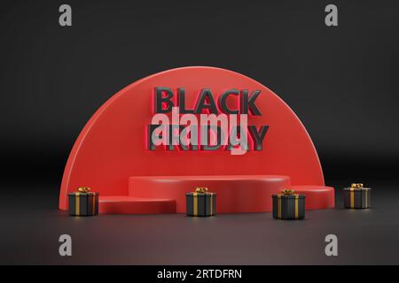 Podio con testo del Black Friday e confezioni regalo su sfondo scuro. illustrazione 3d. Foto Stock