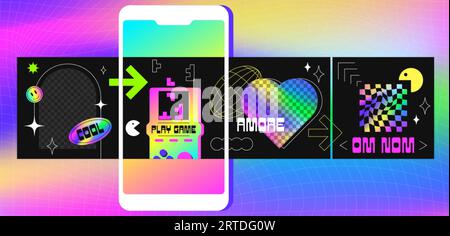 Modello di design a carosello ig alla moda con forme geometriche, etichette acide in stile y2k. Storie sui social media con spazio di copia al neon per foto o testo. Schermate dell'app mobile con elementi olografici groovy. Illustrazione Vettoriale