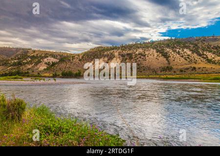 Il fiume Yellowstone lungo la panoramica autostrada US 89 nel Montana. Il fiume Yellowstone nasce nel Wyoming nordoccidentale, nella catena montuosa di Absaroka. Foto Stock