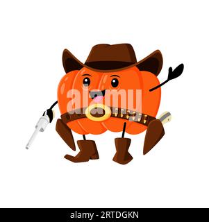 Cowboy vegetale di zucca, ranger o personaggio di bandito. Personaggio di zucca matura vettoriale, cibo sano divertente e fiabesco, coraggiose verdure da giardino indossano stivali, cintura e cappello, squash fresco cavaliere Illustrazione Vettoriale