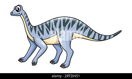 Personaggio dei dinosauri mussaurus. Sauropodomorfo dino erbivoro vettoriale isolato del periodo triassico superiore. Animale preistorico con pelle blu e strisce nere. Creatura paleontologica di mostro selvaggio Illustrazione Vettoriale