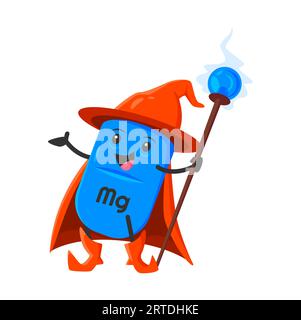 Personaggio Maghi micronutrienti minerali di magnesio cartoon. Cappello da strega isolato Vector mg warlock nutriente capsula personage, cape Holding With staff. Integratore alimentare, nutriente o mago a bolle d'aria Illustrazione Vettoriale