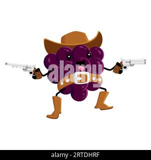 Cowboy, sceriffo, ranger o rapinatore di Cartoon Grapes. Vector Wild West Berry eroe in cappello con pistole. Cibo divertente e salutare personaggio occidentale, vitamine felici cavalcavia per menu bambini, libro o gioco Illustrazione Vettoriale