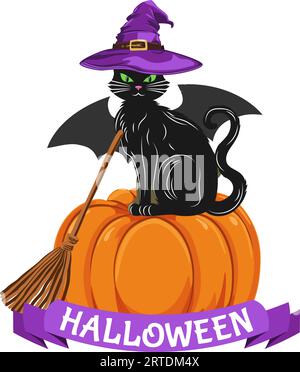 Un gatto nero con una scopa con cappello da strega seduta su una zucca. Il simbolo di Halloween è un gatto nero con ali di pipistrello. Carino animale. Illustrazione vettoriale. Illustrazione Vettoriale