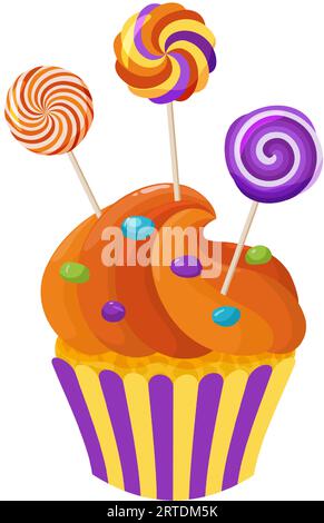 Un cupcake con caramelle e lecca-lecca in cima. Dessert decorato di Halloween. Clipart dei cartoni animati per menu, biglietti di auguri, inviti per feste. Vettore Illustrazione Vettoriale