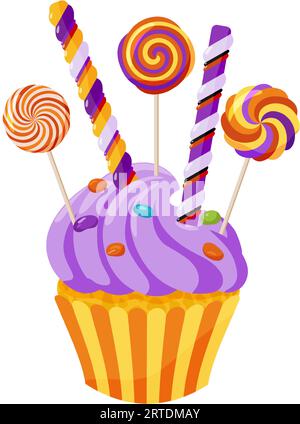 Cupcake con panna, caramelle e lecca-lecca. Dessert decorato di Halloween. Clipart dei cartoni animati per menu, biglietti di auguri, inviti per feste. Vettore Illustrazione Vettoriale
