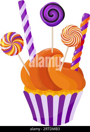 Un cupcake con caramelle e lecca-lecca. Dessert decorato di Halloween. Clipart dei cartoni animati per menu, biglietti di auguri, inviti per feste. Illustrazione vettoriale Illustrazione Vettoriale