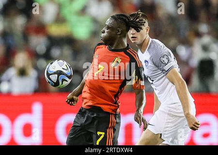 Bruxelles, Belgio. 12 settembre 2023. Il belga Jeremy Doku raffigurato in azione durante una partita tra la nazionale belga di calcio Red Devils e l'Estonia, a Bruxelles, martedì 12 settembre 2023, partita 5/8 nel gruppo F delle qualifiche per i Campionati europei di calcio 2024. BELGA PHOTO BRUNO FAHY Credit: Belga News Agency/Alamy Live News Foto Stock