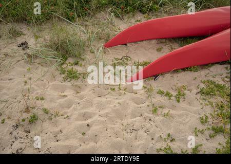 prua di due ciak rossi su una spiaggia sabbiosa con piante verdi Foto Stock