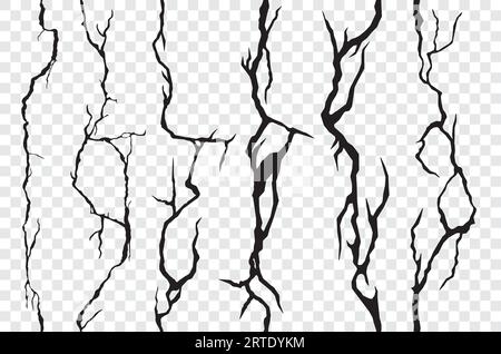 Incrinature senza cuciture nella parete, nell'intonaco o nel terreno. Struttura della superficie rotta, spaccatura, crepe. Terremoto vettoriale che incrina buchi, distruzione, fessure danneggiate dopo disastro isolate su sfondo trasparente Illustrazione Vettoriale