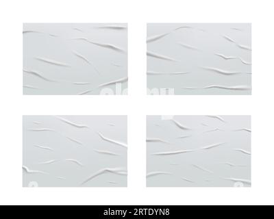 Carta bianca incollata, trama stropicciata, fogli arricciati. Poster con pieghe vettoriali con corrugazione, mockup rettangolare vuoto per la progettazione di volantini pubblicitari. Pagine tratteggiate piegate isolate Set 3d realistico Illustrazione Vettoriale