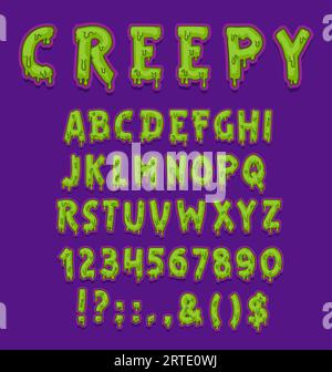 Inquietante carattere Halloween di tipo veleno verde vettoriale con lettere maiuscole e numeri o numeri. Alfabeto horror di spaventoso mostro zombie o alieno tossico con gocce di fiocco e bagliore radioattivo Illustrazione Vettoriale