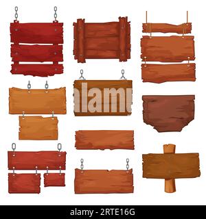 Le tavole di legno sono appese a funi e catene. Insegne vettoriali cartoni animati con texture in legno, striscioni o etichette per bar o berlina in stile rustico. Pannelli vuoti vintage per menu giochi per pc, set ingresso pub Illustrazione Vettoriale