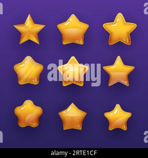 Stelle di valutazione dei cartoni animati icone vettoriali o elementi di design dell'interfaccia utente, stelle dorate gialle lucide. Risorse di gioco per interfaccia utente, visualizzazione di app e punteggio, raggiungimento del vincitore, punteggio isolato o set di simboli di aumento del livello Illustrazione Vettoriale