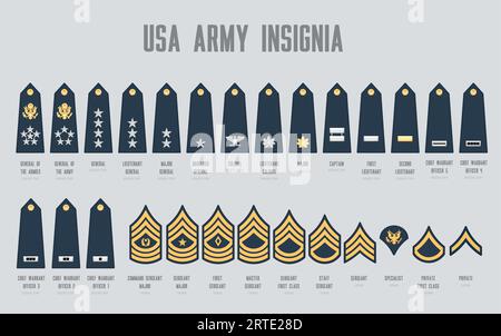 Insegne militari USA, chevron militari dell'esercito americano per generale, tenente, maggiore e brigadiere. Colonnello, capitano, Chief warrant Officer e comandante o comandante sergente, personale, specialisti e ranghi privati Illustrazione Vettoriale