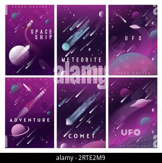 Manifesti vettoriali spaziali con pianeti piatti, razzi, comete e stelle galassiche, UFO dell'universo alieno, astronave, meteoriti e navette. Viaggi nello spazio, avventura e design scientifico astronomico Illustrazione Vettoriale