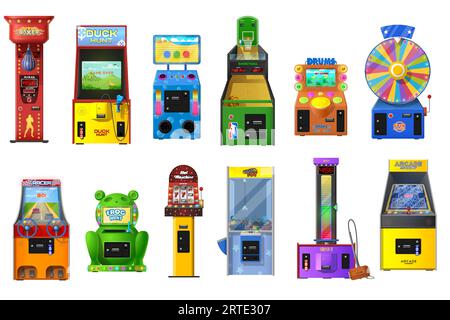 Videogioco vettoriale con videogiochi, slot casinò, gru a artiglio e ruota della fortuna. Pallacanestro, caccia all'anatra, corse, tester di forza, macchine a gettoni con schermi pixel, pulsanti e joystick Illustrazione Vettoriale