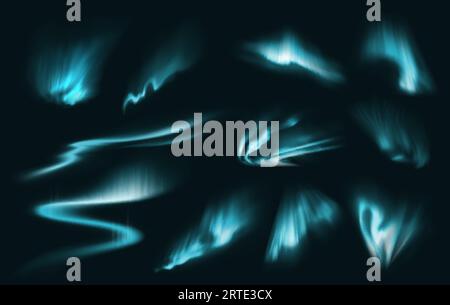 Le luci polari blu del nord si illuminano. aurora boreale artica vettoriale, fenomeni naturali, incredibile illuminazione ondulata nel cielo notturno. Luminosità 3d realistica aurora astratta impostata su sfondo nero Illustrazione Vettoriale