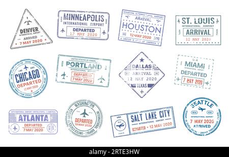 Timbri vettore di viaggio con i nomi delle città statunitensi Denver, Minneapolis, Houston, St. Louise e Chicago, Portland o Dallas, Miami o Atlanta e Washington migrazione paese arrivo, set isolato Illustrazione Vettoriale