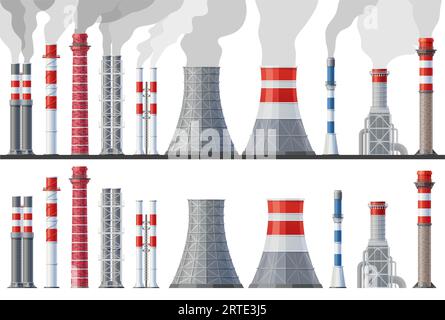 Inquinamento da camini industriali, set di tubi di fabbrica con nuvole d'aria tossiche. Tubi di impianti vettoriali che emettono fumo sporco, vapore di CO2 o smog. Emissioni ambientali delle canne fumarie di produzione isolate su sfondo bianco Illustrazione Vettoriale