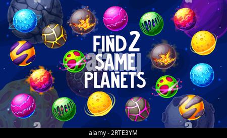 Stelle spaziali e pianeti dei cartoni animati, trova due pianeti identici, indovinello di gioco vettoriale. Il tavolo dei bambini abbina puzzle o gioco da tavolo con pianeti spaziali, fantastici asteroidi e meteore con crateri nel cielo stellato Illustrazione Vettoriale