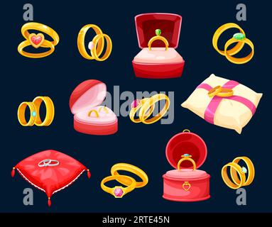 Fedi nuziali e nuziali, gioielli dorati in scatole di lusso o morbidi cuscini. Gioielli vettoriali dorati decorati con gemme preziose in confezioni rosse di cartoni animati isolati a forma di cuore, quadrata e rotonda Illustrazione Vettoriale