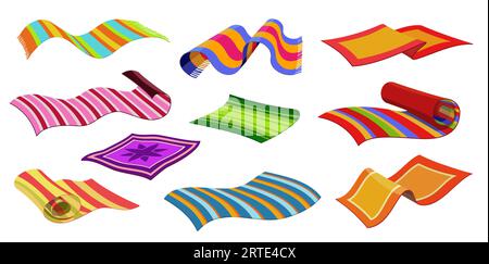 Tappeti isolati, tappeti da spiaggia o in tessuto, tappeti a righe, vettoriali. Tappeti interni per la casa, coperte da spiaggia o asciugamani da bagno, rotoli di coperta a quadri e stracci con motivo decorativo a strisce Illustrazione Vettoriale