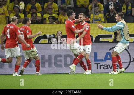 Stoccolma, Svezia. 12 settembre 2023. L'austriaco Michael Gregoritsch (#11) festeggia il punteggio durante la partita di qualificazione del gruppo F di Euro 2024 tra Svezia e Austria alla Friends Arena di Stoccolma, Svezia, il 12 settembre 2024. Foto: Fredrik Sandberg/TT/code 10080 credito: TT News Agency/Alamy Live News Foto Stock