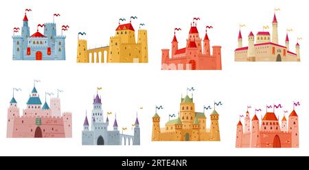 Castello medievale, palazzo e fortezza con torri, edifici con cartoni animati. Isolati castelli del regno da favola vettoriale, palazzo, residenza, cittadella o forte con bandiere, porte e torrette, ponti, mura difensive Illustrazione Vettoriale