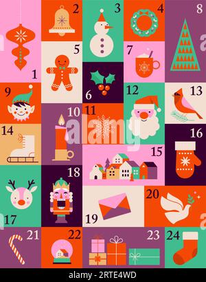 Calendario dell'avvento, poster di buon Natale, modello stampabile con elementi natalizi in stile moderno e minimalista Illustrazione Vettoriale