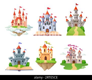 Set di castelli fantasiosi da cartoni animati, castello isolato da favola o palazzo con torri, forte medievale vettoriale o fortezza. Edificio da favola, castelli con bandiere su libri o nuvole di cielo Illustrazione Vettoriale