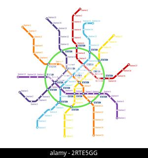 Metropolitana, metropolitana, sistema di trasporto sotterraneo mappa vettoriale. Piano della linea di trasporto ferroviario con stazioni della metropolitana, colorata rete di percorsi ferroviari e gallerie della metropolitana, mappa della città della metropolitana, schema o schema grafico Illustrazione Vettoriale