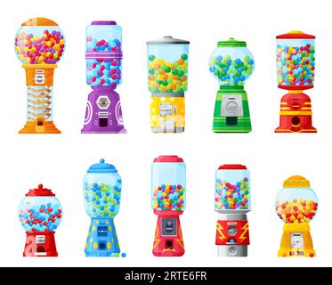Macchina per gumball, gomma per caramelle o palline per bubblegum, distributore automatico di fumetti. Gumball machine con slot per monete e gomme da masticare di dolci per bambini in dispenser di capsule di vetro gashapon Illustrazione Vettoriale