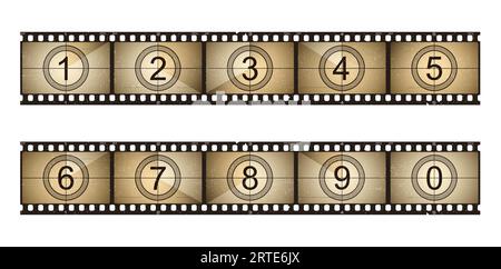 Il conto alla rovescia dei film è una vecchia striscia di film grunge, i numeri di conto alla rovescia del cinema, la bobina vettoriale per TV. Striscia di pellicola con conto alla rovescia per schermo con motivo orizzontale di pellicola seppia del contatore di nastro introduttivo Illustrazione Vettoriale