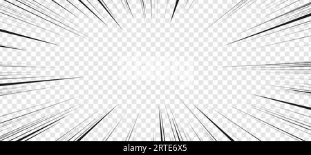 Sfondo manga, linee di velocità radiali dei fumetti, esplosione vettoriale, effetto movimento o movimento. Sfondo trasparente manga per fumetti animati, linee di velocità supereroi o frame burst Illustrazione Vettoriale