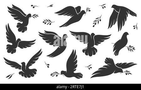 Natale, pace o nuziali, icone di piccioni vettoriali. Colombe con rametto di foglie d'oliva, simbolo di amore, speranza e libertà, spirito santo pasquale e religione, sagome di colombe volanti Illustrazione Vettoriale