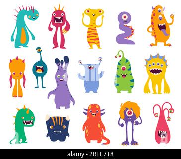 Cartoni animati mostri divertenti, simpatici personaggi di animali alieni vettoriali e bestie di Halloween con volti felici, bocche comiche, denti divertenti, occhi e corna. Mostri pazzi, creature spaziali, batteri e virus Illustrazione Vettoriale
