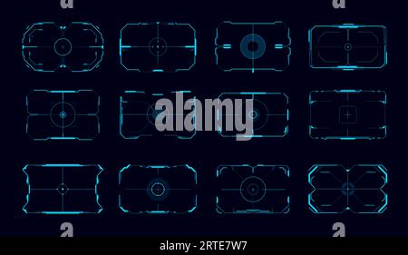 Frame di controllo del puntamento HUD, interfaccia utente o interfaccia di gioco. Display di destinazione digitale vettoriale futuristico o schermo di mira di tecnologia militare o spaziale con bordi al neon, messa a fuoco, mirino. Moderni pannelli del cruscotto di puntamento Illustrazione Vettoriale