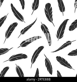 Pattern senza cuciture vettoriali piume quill. Sfondo a piumaggio nero con ornamento vintage di eleganti silhouette curve in piuma o penna a inchiostro, stampa di animali o natura per tessuti e sfondo letterario Illustrazione Vettoriale