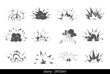 Esplosione di bombe a cartoni animati, nuvole comiche di esplosione, icone di effetti fumi vettoriali. Esplodono bombe o esplodono nuvole esplosive di fuoco o dinamite bang, colpi comici lampeggianti e bolle esplosive esplosive Illustrazione Vettoriale