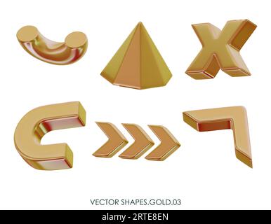 Rendering realistico 3D delle figure d'oro. Oggetti di design metallici gialli. Forme geometriche decorative vettoriali. Piramide, frecce, croce, metà toro. Isolato Illustrazione Vettoriale
