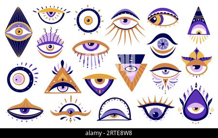 Insieme di icone vettoriali isolate per occhi greci. Talismano magica stregoneria, magica religione esoterica simboli geometrici sacri. Muratore o illuminati amuleti simbolici in stile boho, protezione del male e souvenir della fortuna Illustrazione Vettoriale
