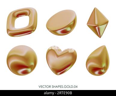 Rendering realistico 3D delle figure d'oro. Oggetti di design metallici gialli. Forme geometriche decorative vettoriali. Crystal, Sphere, semicircle, Heart, drop. Isolat Illustrazione Vettoriale