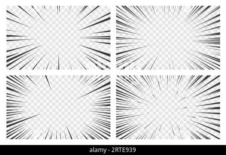 Sfondi trasparenti per manga, set vettoriale di effetti di azione a velocità di fumetti anime con fotogrammi di linee radiali. Fumetti fumetti esplosivi flash, movimenti di supereroi, effetti di zoom o boom burst con raggi di luce Illustrazione Vettoriale