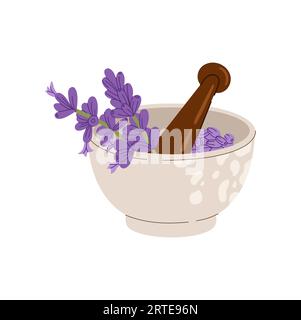 Lavanda e Malta di legno, icona vettoriale. Ciotola di sale e fiori freschi in bagno alla lavanda. Concezione relax per benessere, massaggio, salone termale o trattamento domiciliare Illustrazione Vettoriale