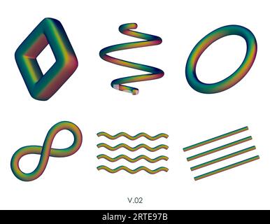 Rendering realistico 3D delle figure geometriche. Elementi di design verdi opachi. Forme decorative vettoriali colorate. Spirale, linee ondulate, anello, toro, simbo infinito Illustrazione Vettoriale