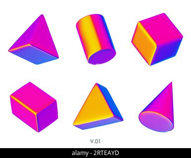 Rendering realistico 3D delle figure geometriche. Oggetti di design vividi e iridiscenti. Forme decorative vettoriali luminose. Cubo, cono, cilindro, piramide. Isolato su un Illustrazione Vettoriale